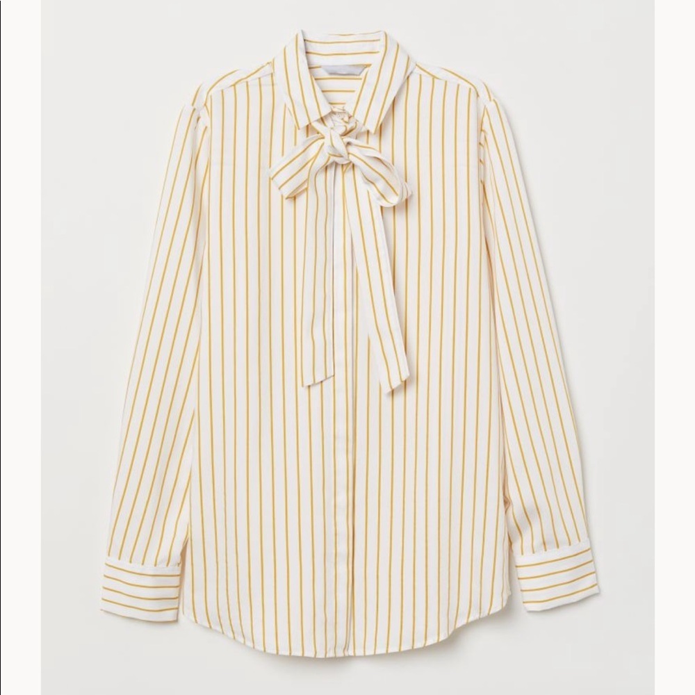 H&M Yellow White Stripe Bow Tie Long Sleeve Blouse